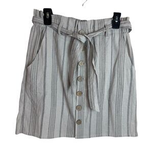 Daytrip Mini Skirt Cream Stripe Linen Blend Button Front Tie Waist Pockets Sz M